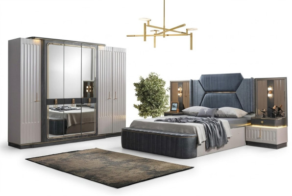 Bedroom set: bed, 2x nightstands, wardrobe, 4-piece design wardrobe