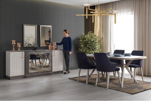 Luxury Dining Room Set Dining Table + 6x Chairs + Sideboard with 2x Mirrors New Set