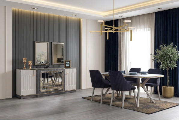 Luxury Dining Room Set Dining Table + 6x Chairs + Sideboard with 2x Mirrors New Set