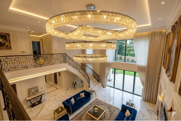 Chandelier made of chrome-plated stainless steel crystal in foyer luxury new