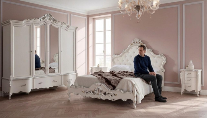White bedroom set, classic bed, 2x nightstands, wardrobe