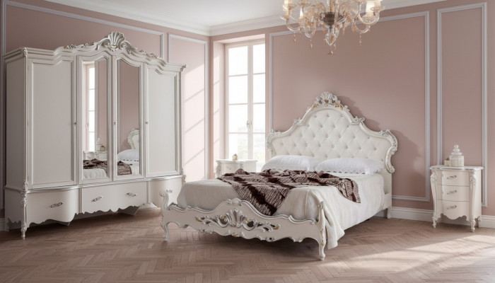 White bedroom set, classic bed, 2x nightstands, wardrobe