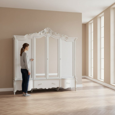 Four-door white classic wardrobe solid wood cabinet design