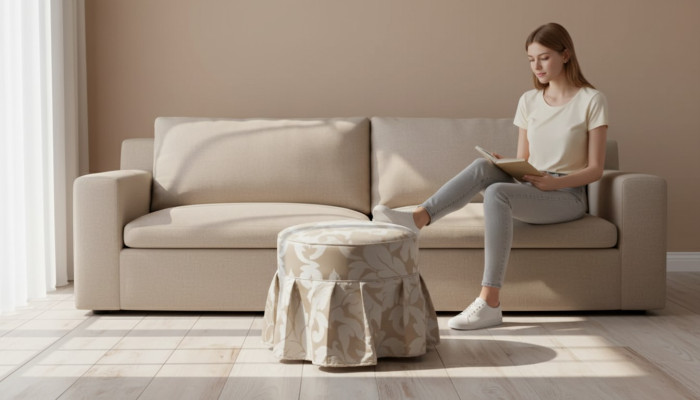 Gray Luxury Footstool Round Upholstery Textile Ottoman Stool