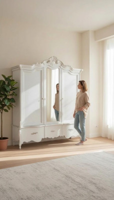 White wardrobe, solid wood furniture, bedroom, designer glass doors