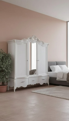 White wardrobe, solid wood furniture, bedroom, designer glass doors