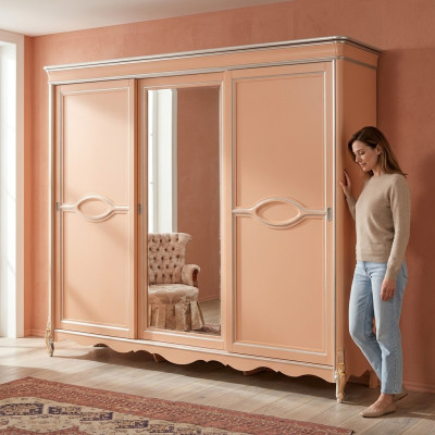 Beige bedroom wardrobe 3-door solid wood furniture classic