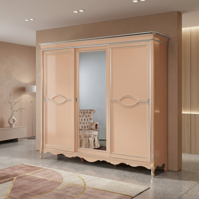 Beige bedroom wardrobe 3-door solid wood furniture classic