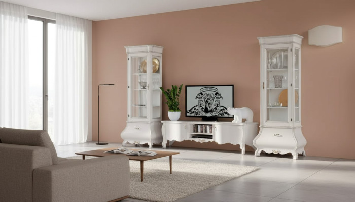 White luxury living room wall furniture 2x display cabinets TV stand classic