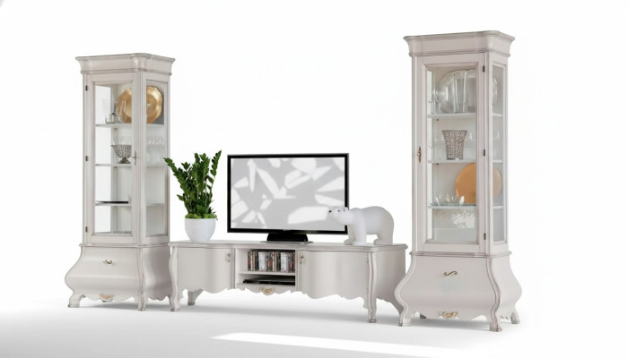 White luxury living room wall furniture 2x display cabinets TV stand classic