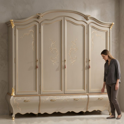 Large Classic Four-Door Wardrobe Luxury Solid Wood Furniture