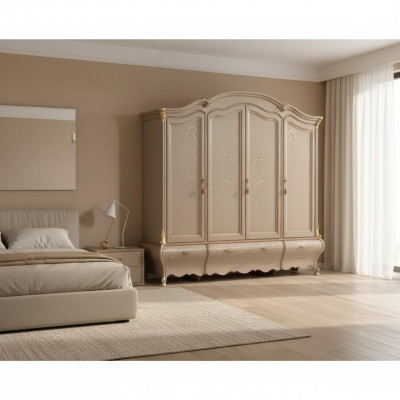 Large Classic Four-Door Wardrobe Luxury Solid Wood Furniture