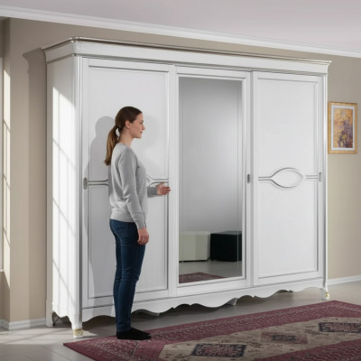 White classic wardrobe mirror door bedroom furniture design