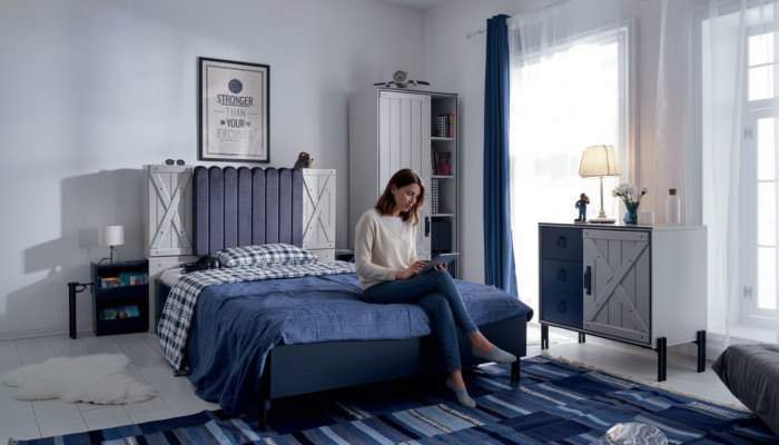 Luxury Modern Blue Bedroom Set Bed Dresser Bookshelf Wood New 3-Piece Set