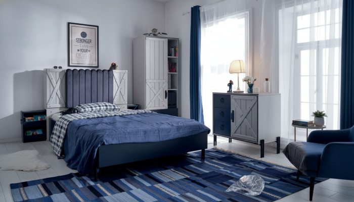 Luxury Modern Blue Bedroom Set Bed Dresser Bookshelf Wood New 3-Piece Set