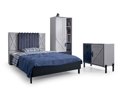 Luxury Modern Blue Bedroom Set Bed Dresser Bookshelf Wood New 3-Piece Set