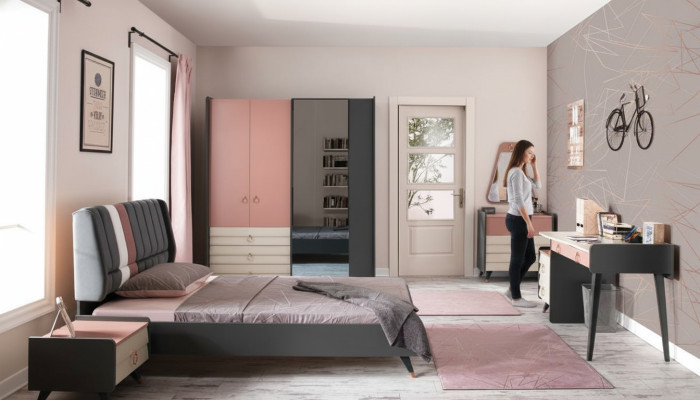 Bedroom 6-piece set: bed, nightstand, wardrobe, dresser, mirror, desk