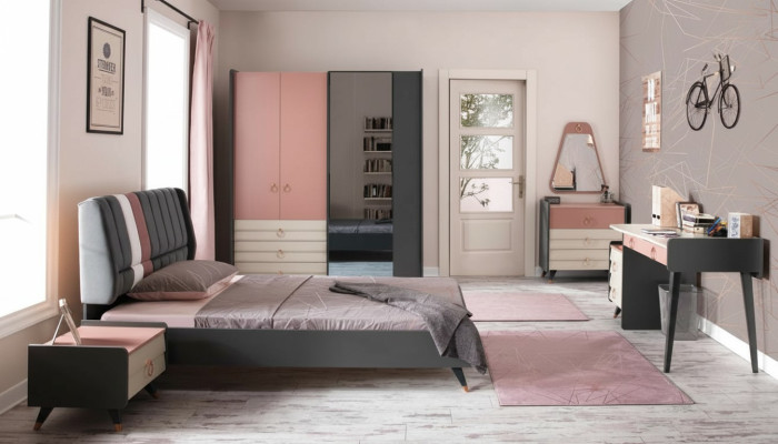Bedroom 6-piece set: bed, nightstand, wardrobe, dresser, mirror, desk