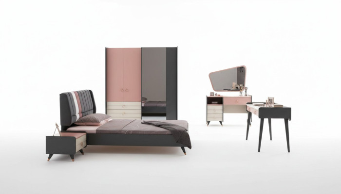 Bedroom 6-piece set: bed, nightstand, wardrobe, dresser, mirror, desk