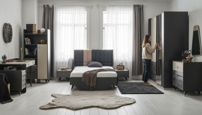 Luxurious gray bedroom set, youth room, children's room, 7-piece bed
