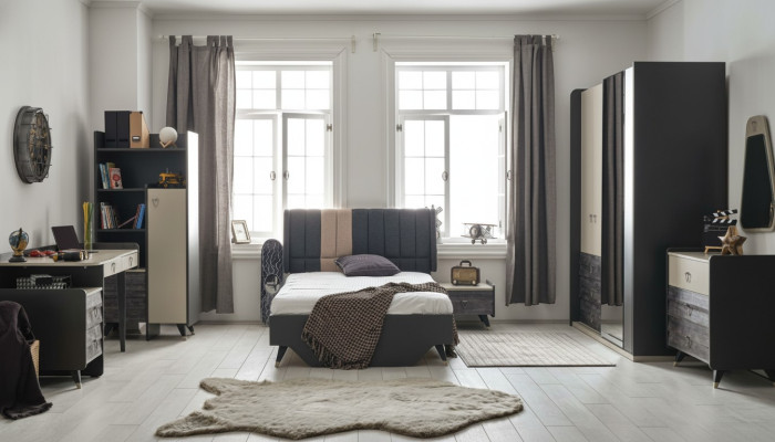 Luxurious gray bedroom set, youth room, children's room, 7-piece bed