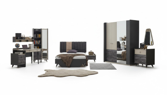 Luxurious gray bedroom set, youth room, children's room, 7-piece bed