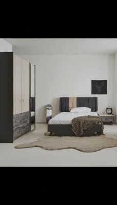 Luxurious stylish gray bedroom set modern bed bedside table new