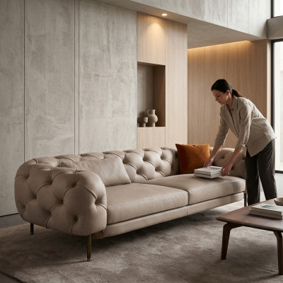 Sofa 3 seater luxurious beige upholstered sofas design artificial leather new modern