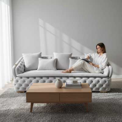 Luxurious designer gray 3-seater luxury Chesterfield fabric sofa modern new