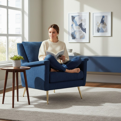 Design Luxury Blue Chair Armchair Sofa 1 Seater TV Sofa Fabric Textile