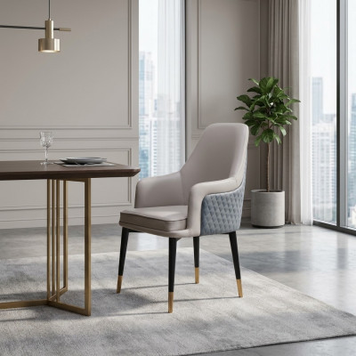 Dining room chairs, living room luxurious gray chair with wooden legs, modern new.