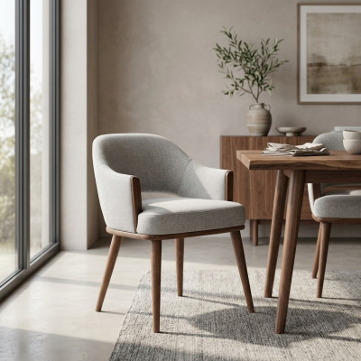 Beige upholstered chair with wooden frame kitchen chair armchair with armrests chair