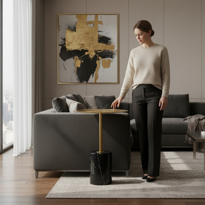 Round Black-Gold Side Table Designer Living Room Furniture Tables