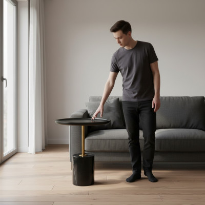 Round Black Side Table with Stainless Steel Base Designer Storage Table
