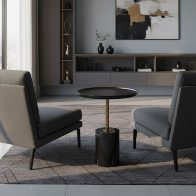 Round Black Side Table with Stainless Steel Base Designer Storage Table