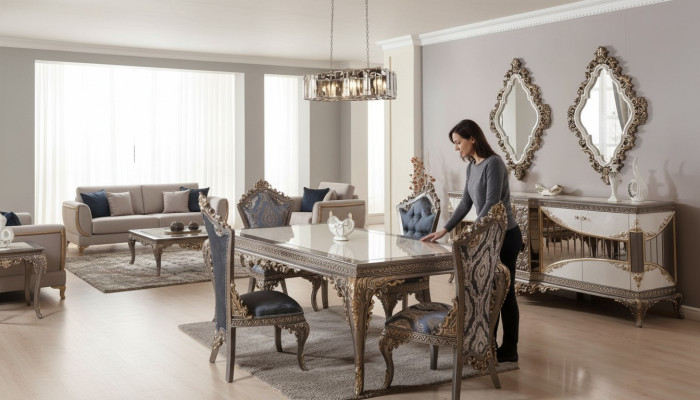 White-Taupe Dining Room Set Dining Table Dining Chairs Sideboard Mirror
