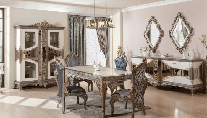 White-Taupe Dining Room Set Dining Table Dining Chairs Sideboard Mirror