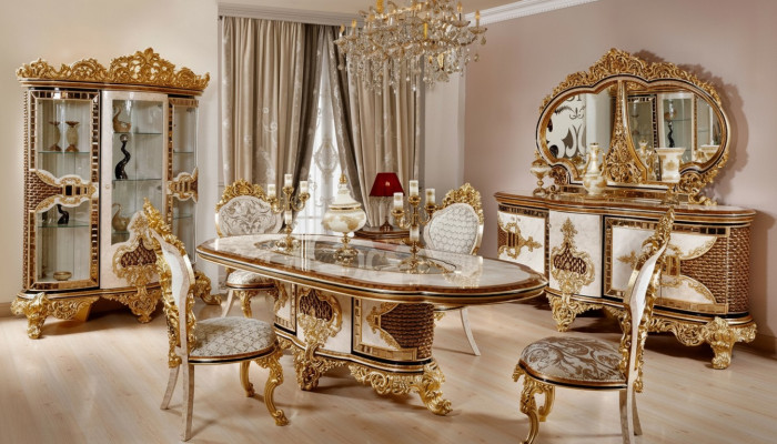 Luxurious dining room set white-gold dining table 4x chairs sideboard 6-piece furniture