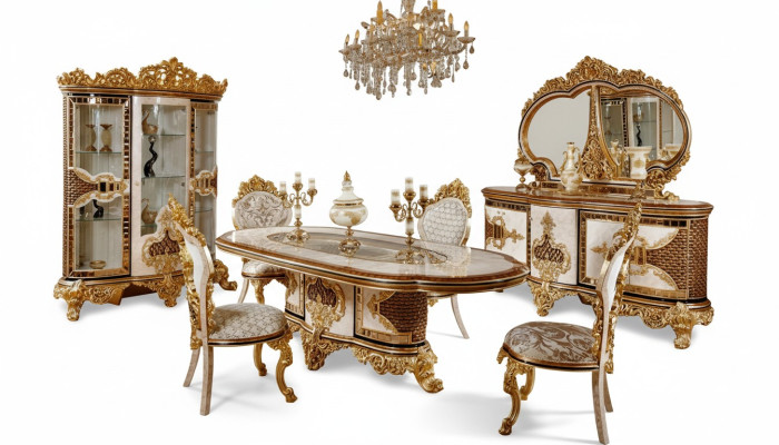 Luxurious dining room set white-gold dining table 4x chairs sideboard 6-piece furniture