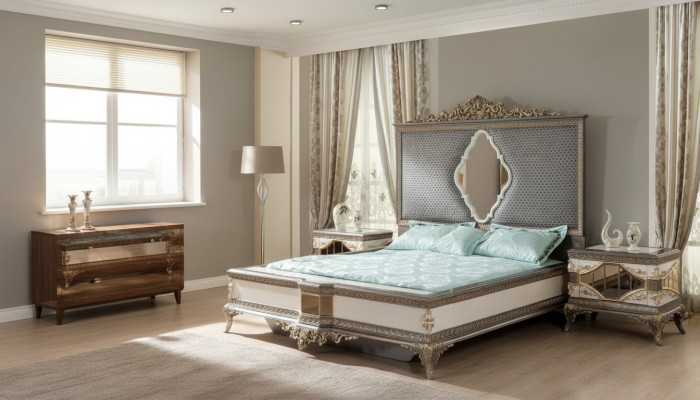Classic grey bedroom luxury set double bed 2x nightstands