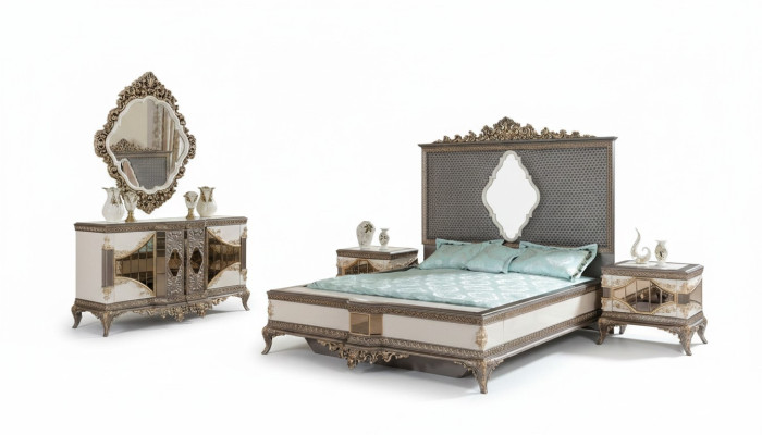Classic grey bedroom luxury set double bed 2x nightstands