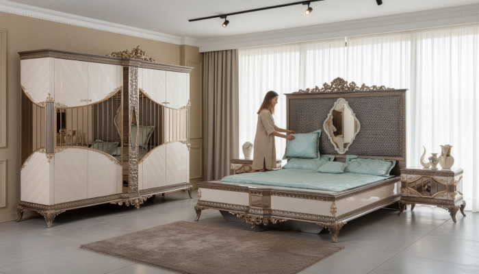 White and gold bedroom set with double bed, 2 nightstands, wardrobe set, bed