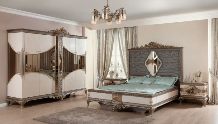White and gold bedroom set with double bed, 2 nightstands, wardrobe set, bed