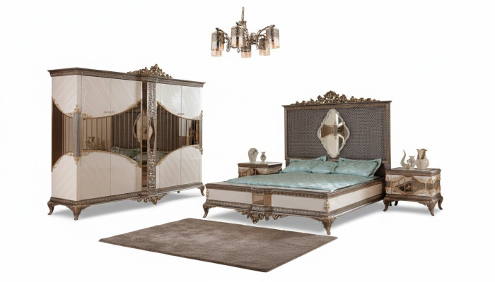 White and gold bedroom set with double bed, 2 nightstands, wardrobe set, bed