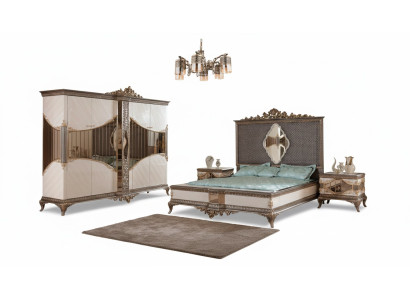 White and gold bedroom set with double bed, 2 nightstands, wardrobe set, bed