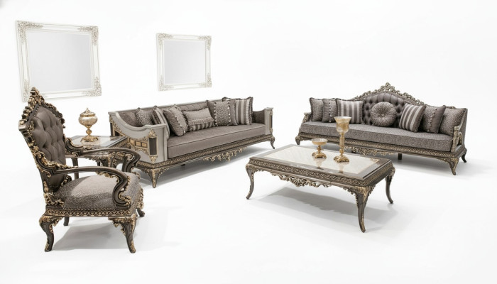Classic Gray Chesterfield Sofa Set 3+3+1 Seater Coffee Table 4-piece