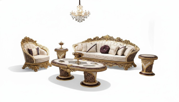 White-Gold Sofa Set Chesterfield 3+1 Seater Coffee Table Set 3-piece Sofa
