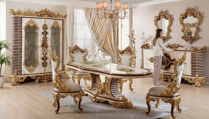 Golden Classic Dining Room Set Dining Table 6x Chairs Sideboard Mirror