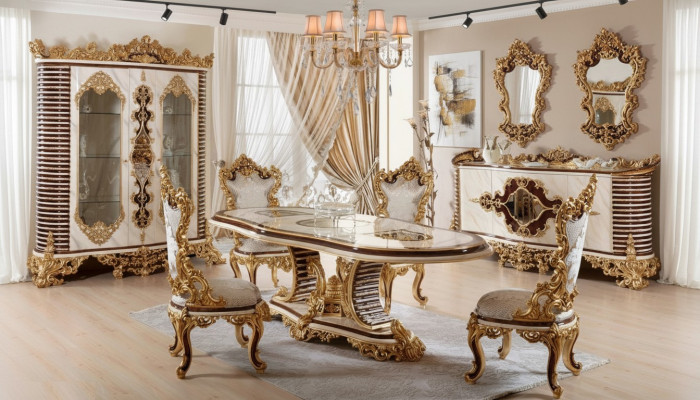 Golden Classic Dining Room Set Dining Table 6x Chairs Sideboard Mirror