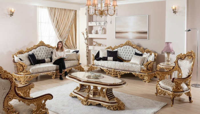 White-Gold Chesterfield Sofa Set 3+3+1 Seater Couch Armchair 3-piece
